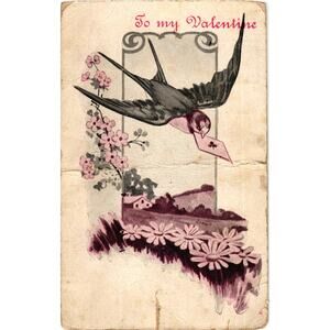 To My Valentine Postcard‎ Bird with Note Floral Antique Unposted